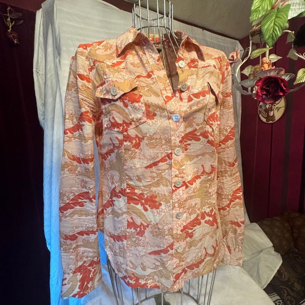 Vintage Styled Japanese Wave Print Button-Up Shirt, 8